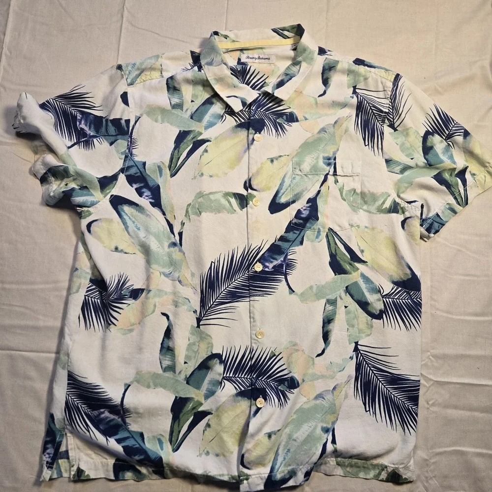 Tommy Bahama 100% Silk Floral Hawaiian Shirt Mens XL Short Sleeve White